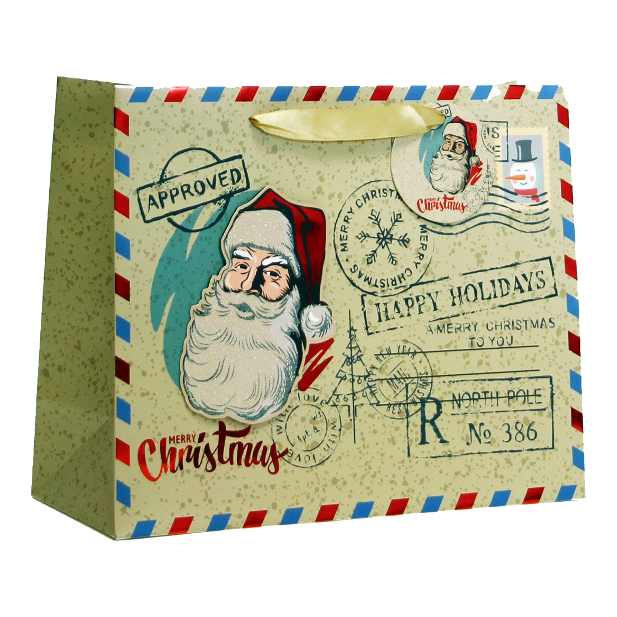 RETRO SANTA XMAS MATTE W/ 3D & HOT STAMP WIDE LARGE CHRISTMAS HOLIDAY GIFT BAGS